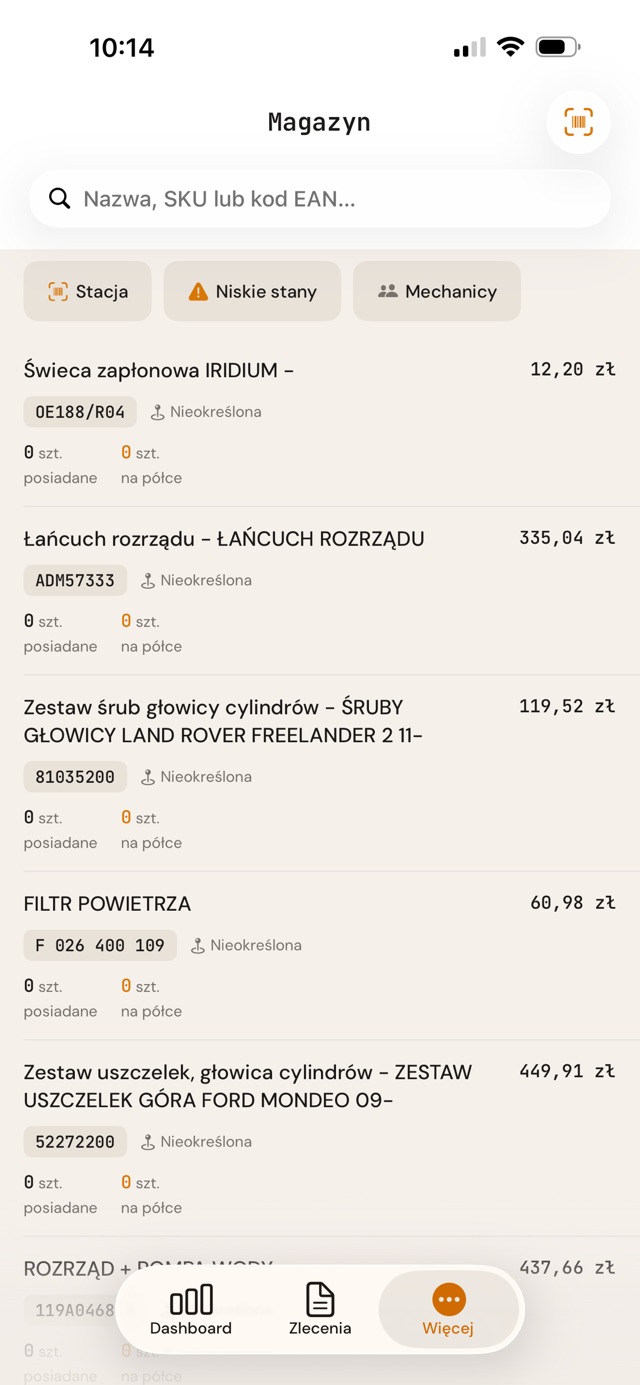 Magazyn części w aplikacji mWarsztat na iPhonie: wyszukiwarka, kody części, stany i ceny